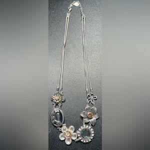 Scroll by Dillard's Silver Tone Double Chain Flower Rhinestone Cabachon Necklace
